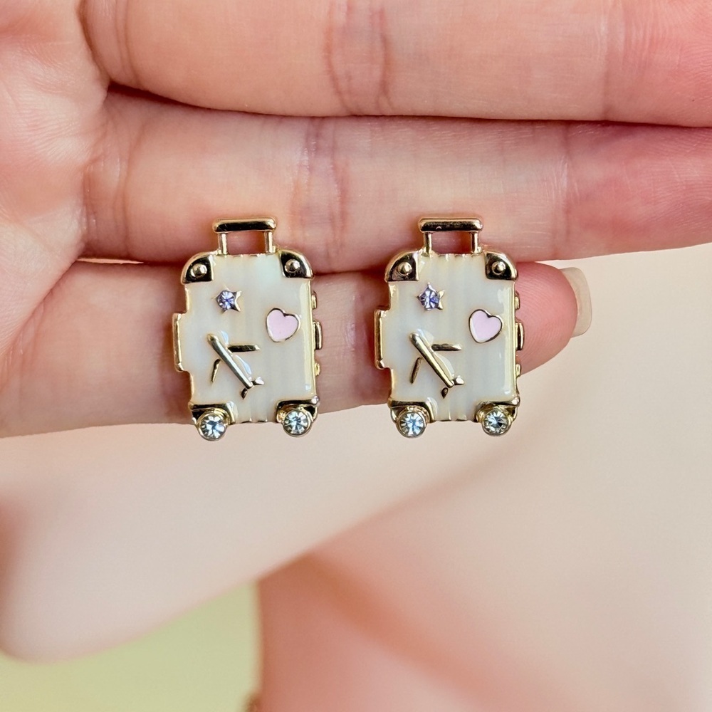 Suitcase Gold and Pink Stud Earrings - Picture 11 of 11